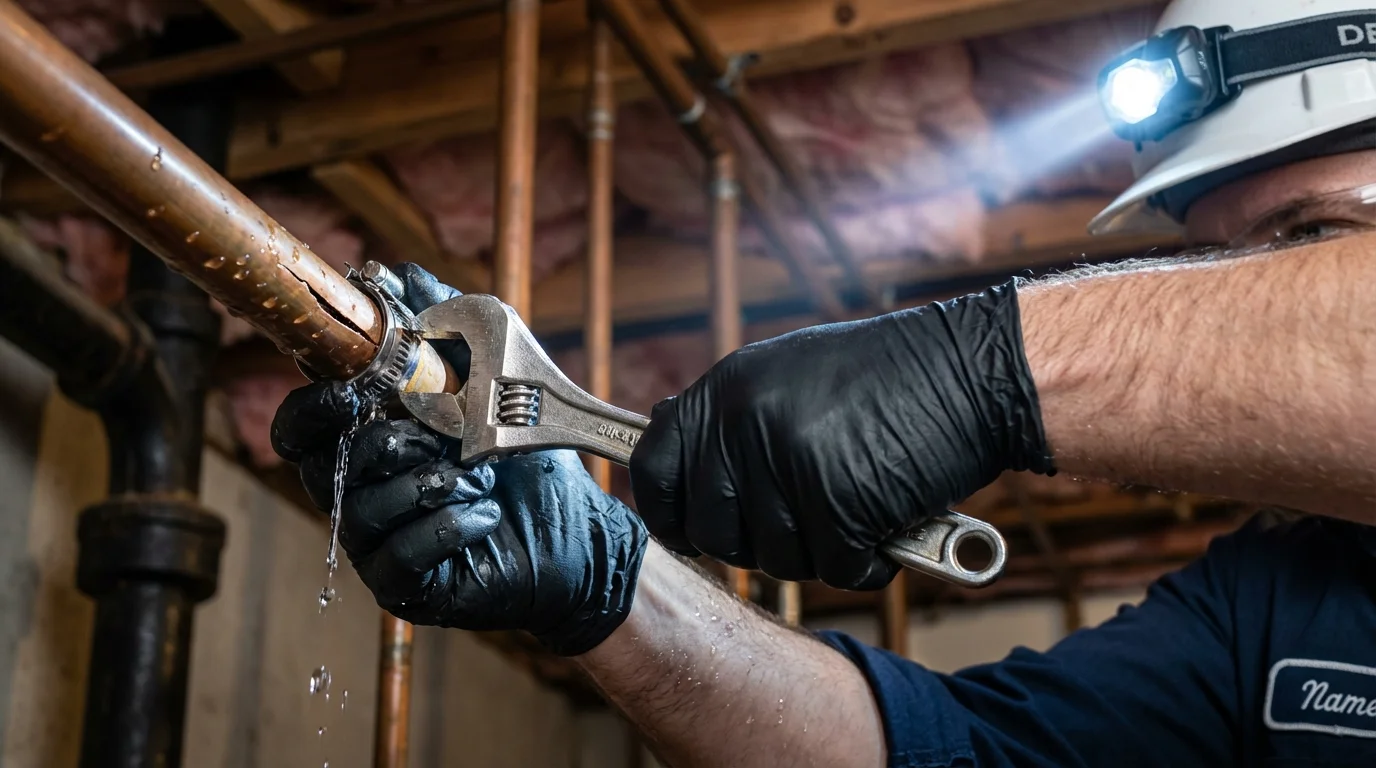 Emergency pipe clamp repair being performed by a Johns Plumbing LLC plumber in Bagdad