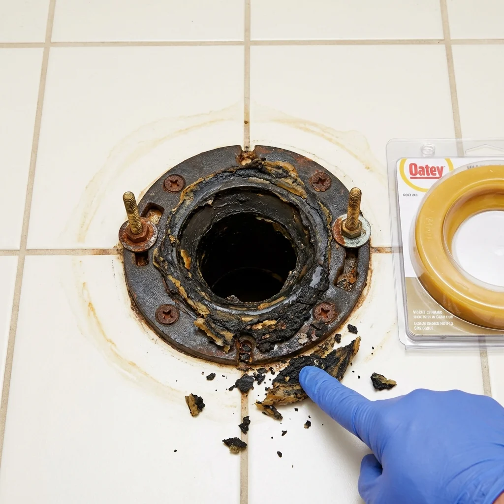 Failed wax ring showing water seepage at the base of a toilet in a Bagdad, FL home